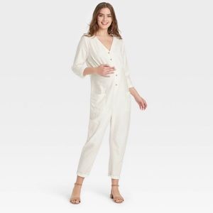 The NINES by HATCH Maternity 3/4 Sleeve Button-Front Jumpsuit